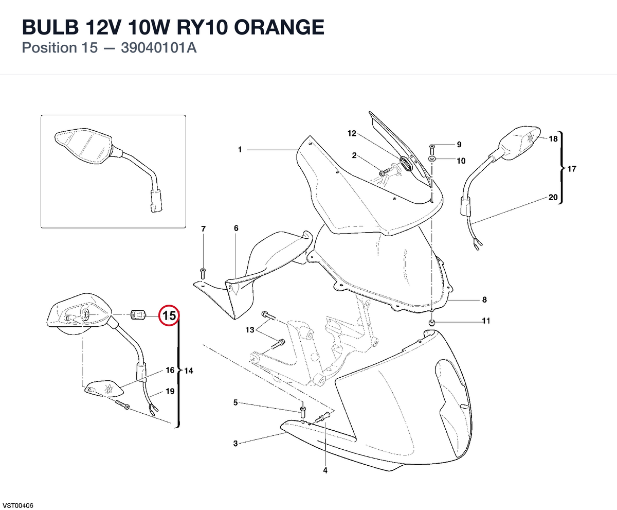 BULB 12V 10W RY10 ORANGE 39040101A diagram position