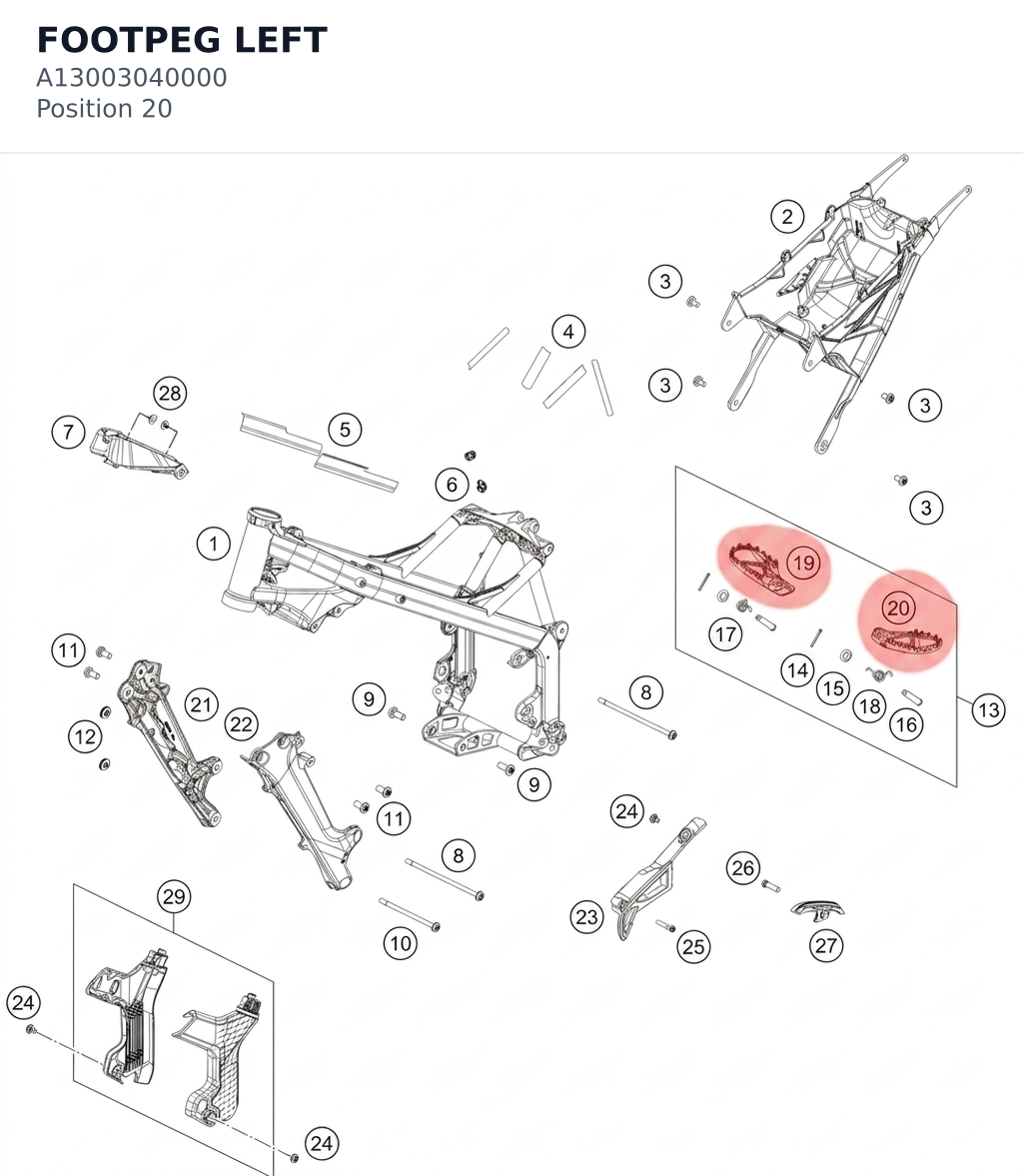 Diagram preview: FOOTPEG LEFT (A13003040000)