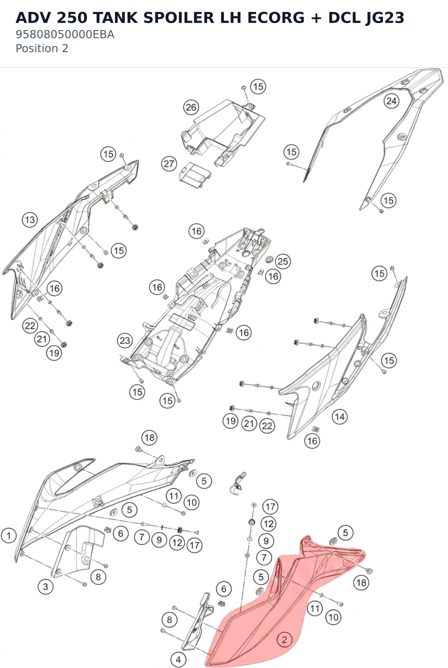 Diagram preview: ADV 250 TANK SPOILER LH ECORG + DCL JG23 (95808050000EBA)