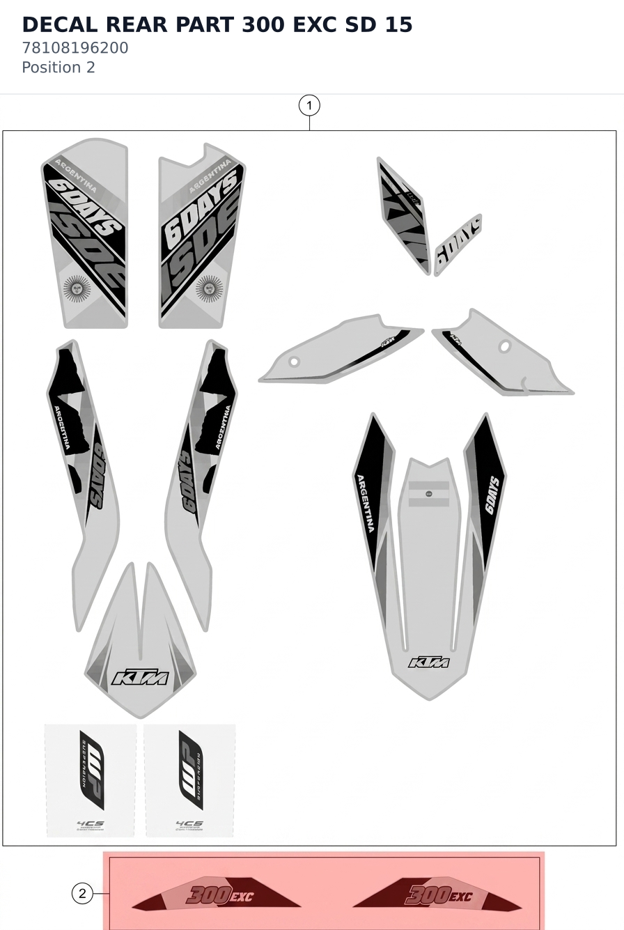 Diagram preview: DECAL REAR PART 300 EXC SD 15 (78108196200)