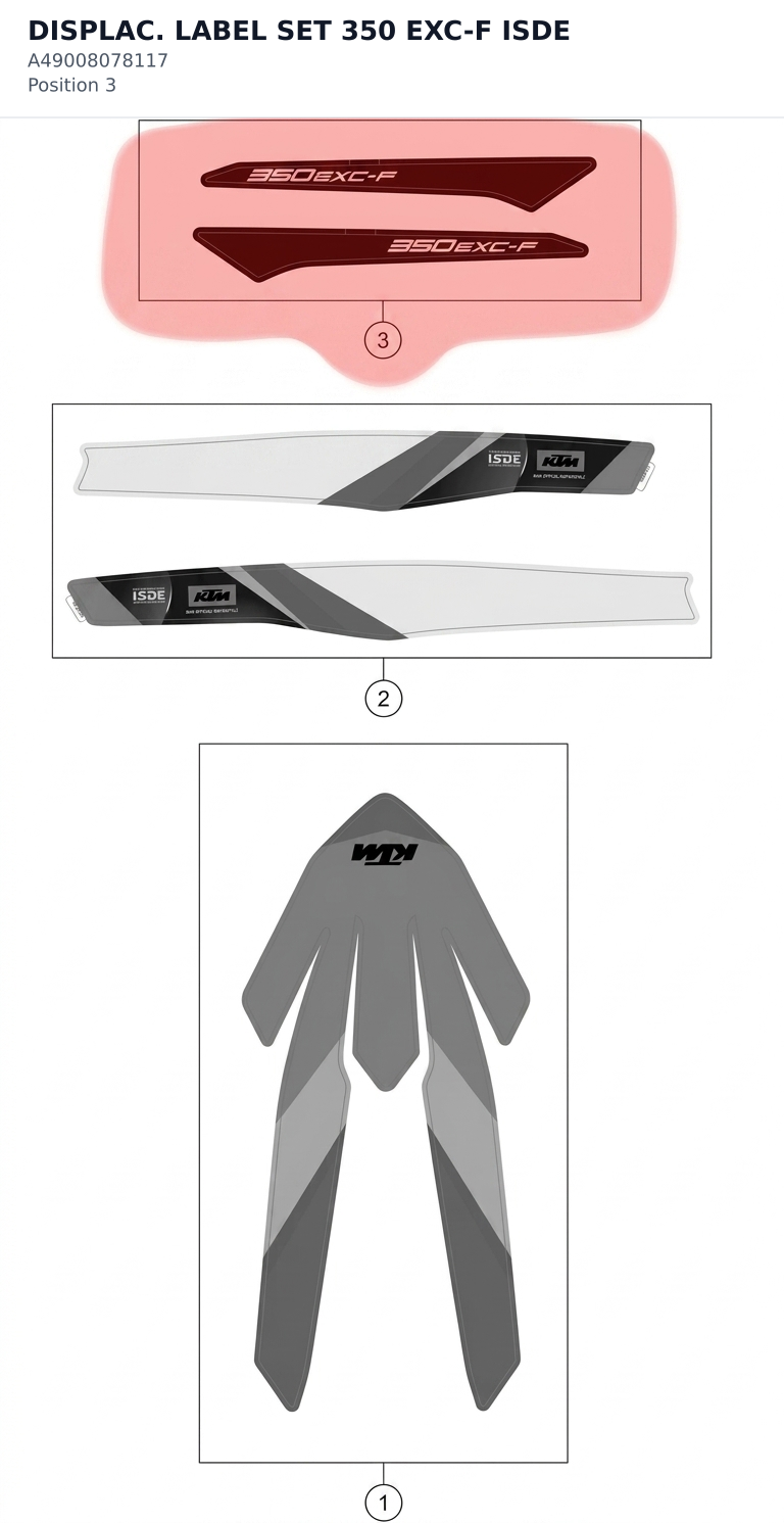 Diagram preview: DISPLAC. LABEL SET 350 EXC-F ISDE (A49008078117)