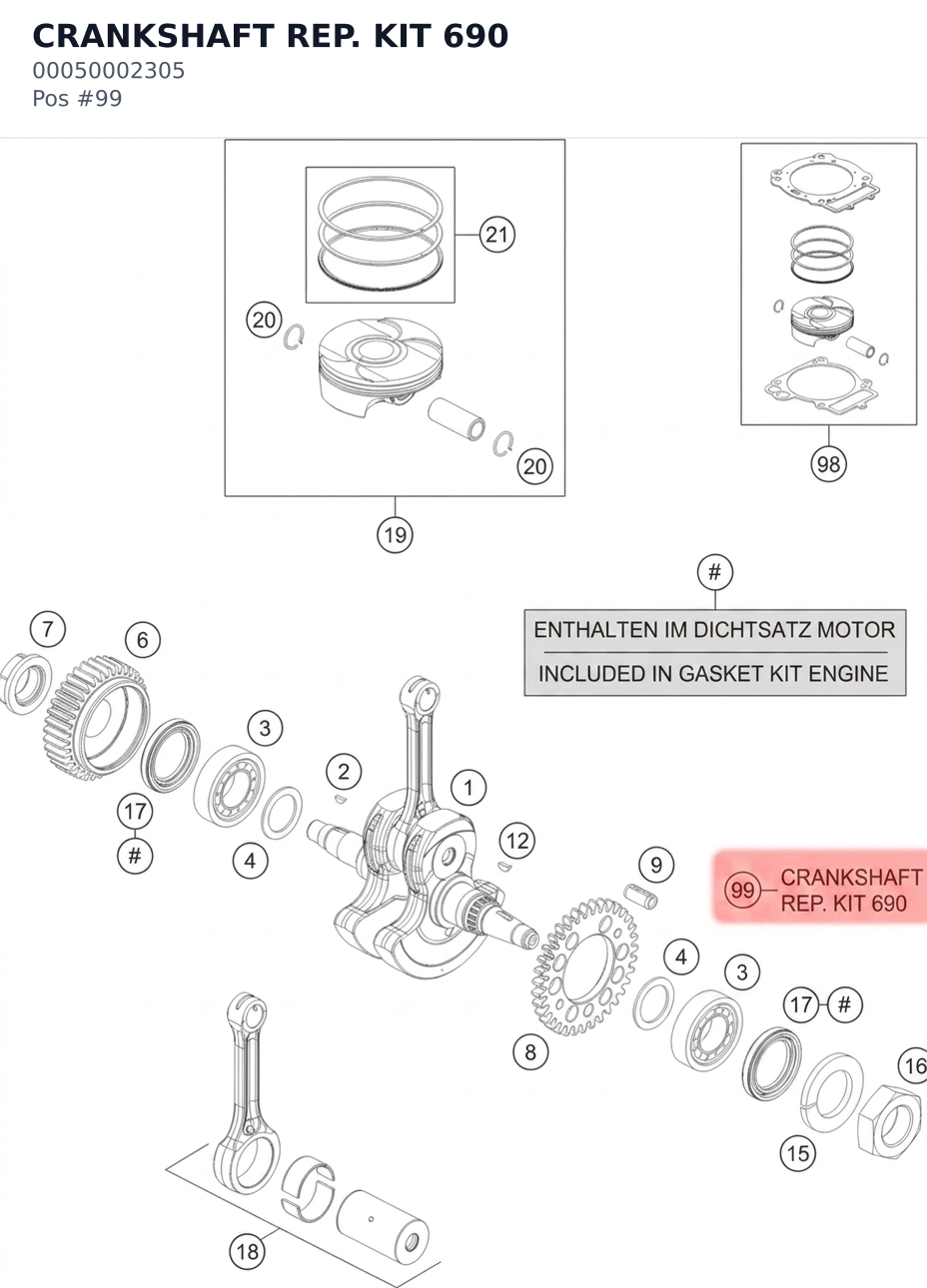 Diagram preview: CRANKSHAFT REP. KIT 690 (00050002305)