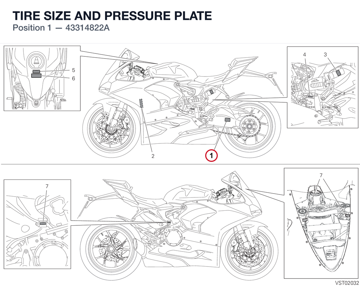 TIRE SIZE AND PRESSURE PLATE 43314822A diagram position