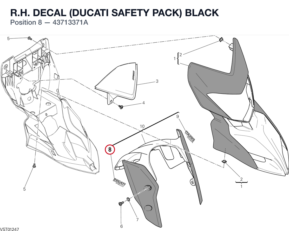 R.H. DECAL (DUCATI SAFETY PACK) BLACK 43713371A diagram position