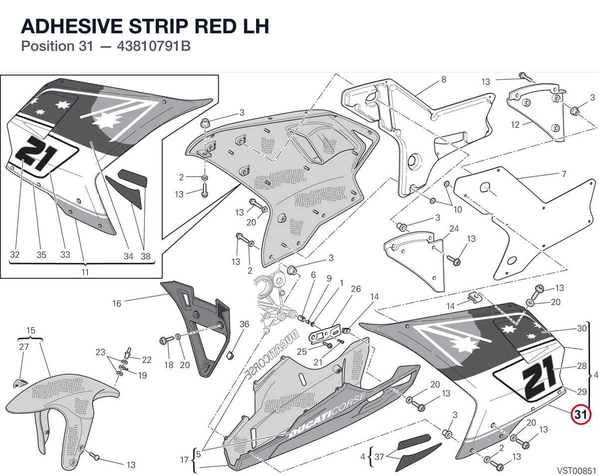 ADHESIVE STRIP RED LH 43810791B diagram position