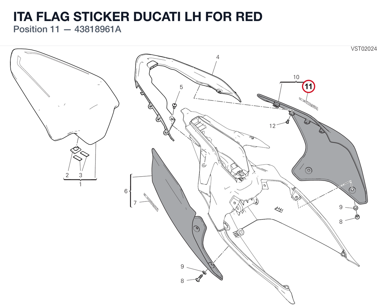 ITA FLAG STICKER DUCATI LH FOR RED 43818961A diagram position