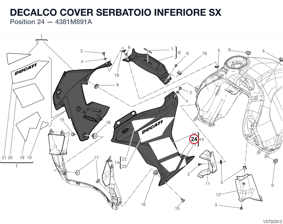 DECALCO COVER SERBATOIO INFERIORE SX 4381M891A diagram position