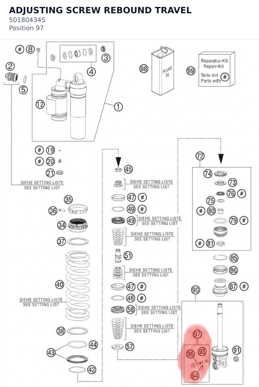 Diagram preview: ADJUSTING SCREW REBOUND TRAVEL (50180434S)
