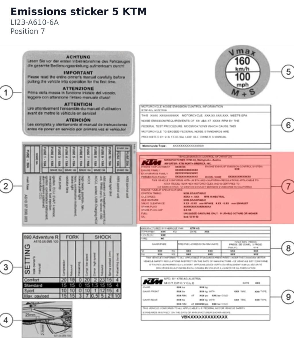 Diagram preview: Emissions sticker 5 KTM (LI23-A610-6A)