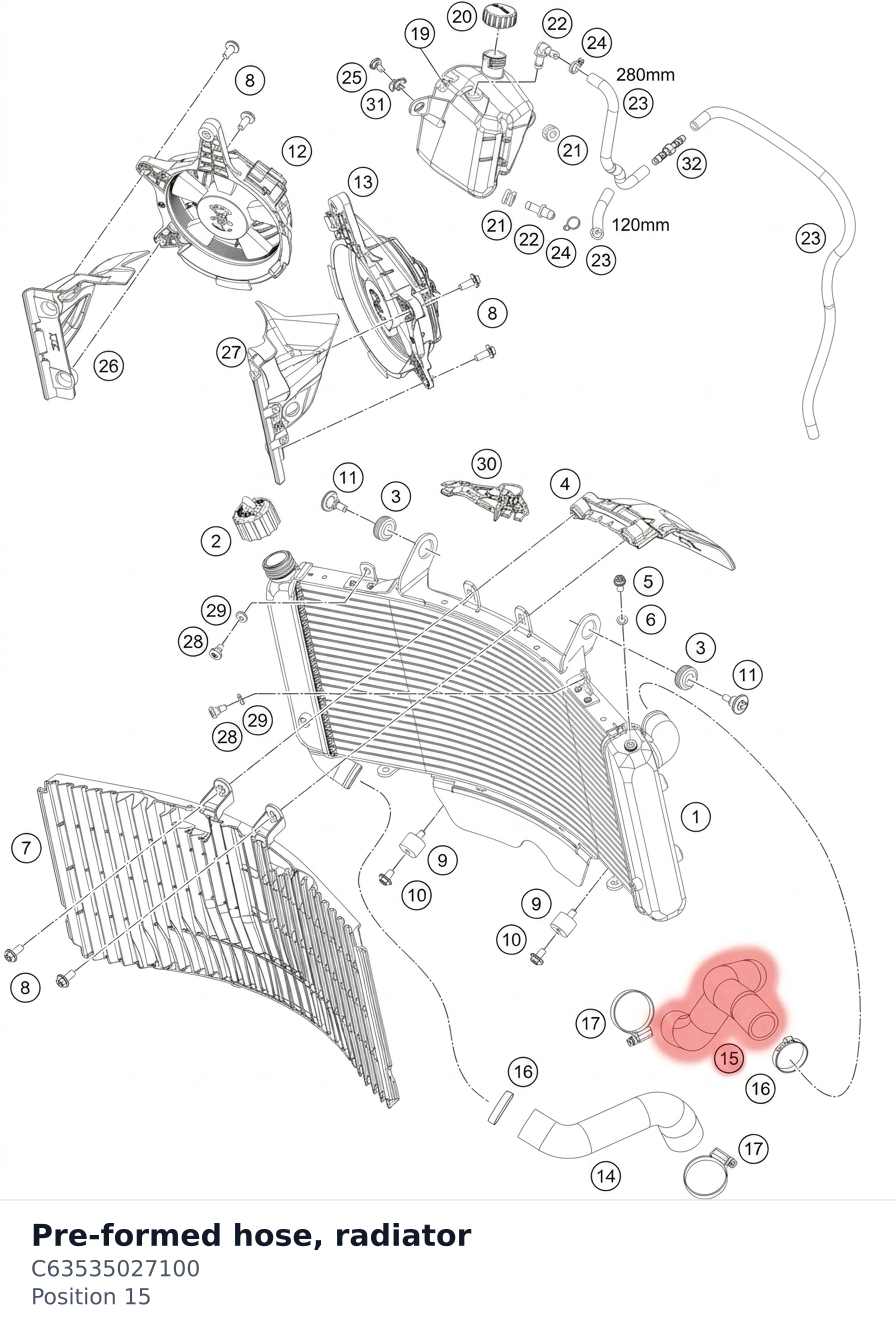 Diagram preview: Pre-formed hose, radiator (C63535027100)