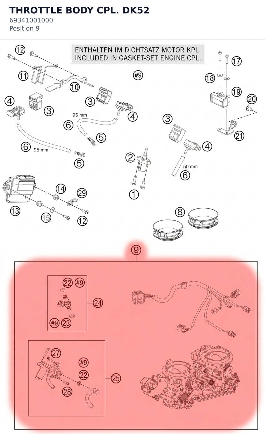 Diagram preview: THROTTLE BODY CPL. DK52 (69341001000)