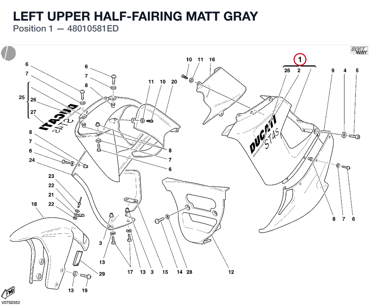 LEFT UPPER HALF-FAIRING MATT GRAY 48010581ED diagram position