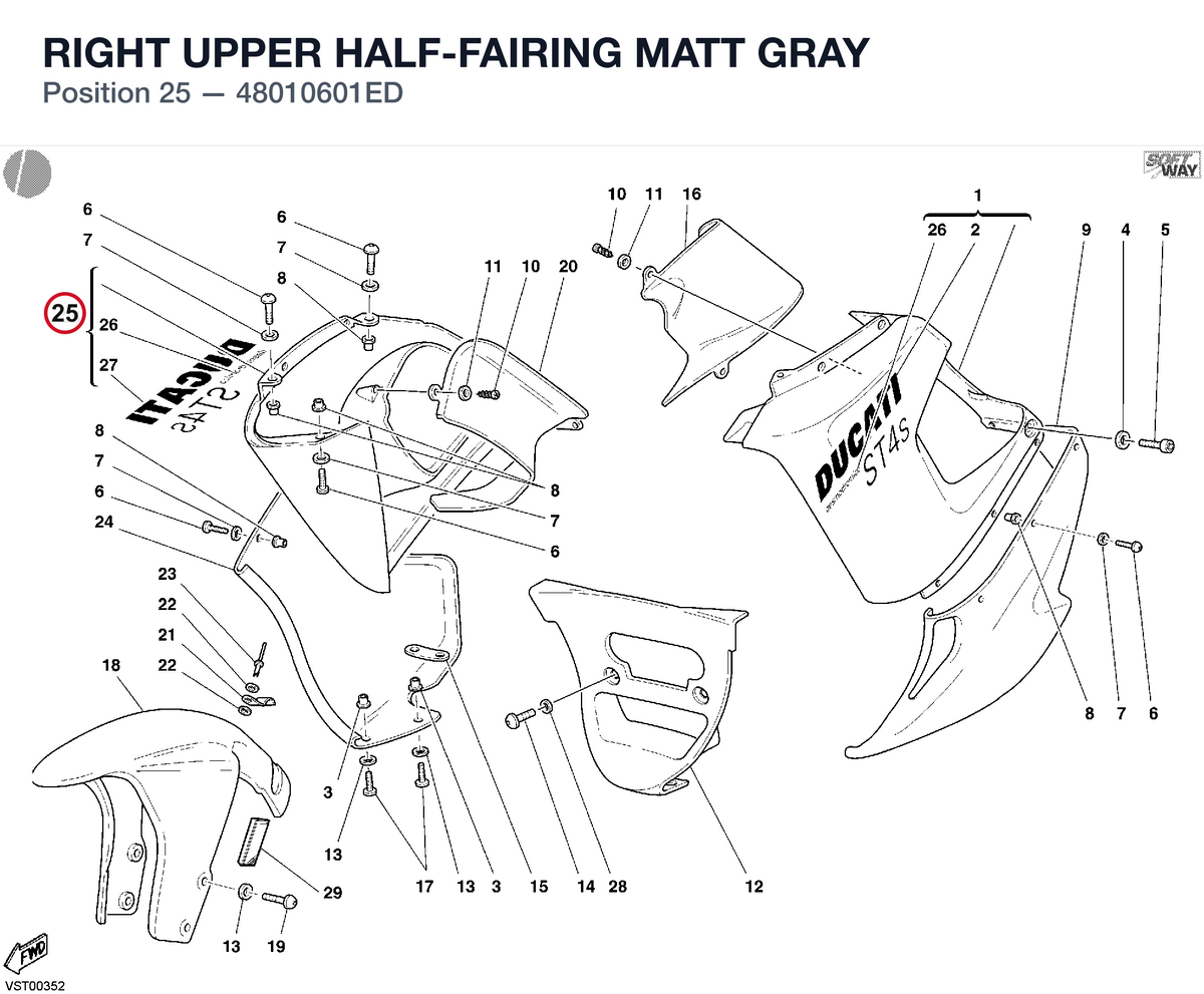 RIGHT UPPER HALF-FAIRING MATT GRAY 48010601ED diagram position