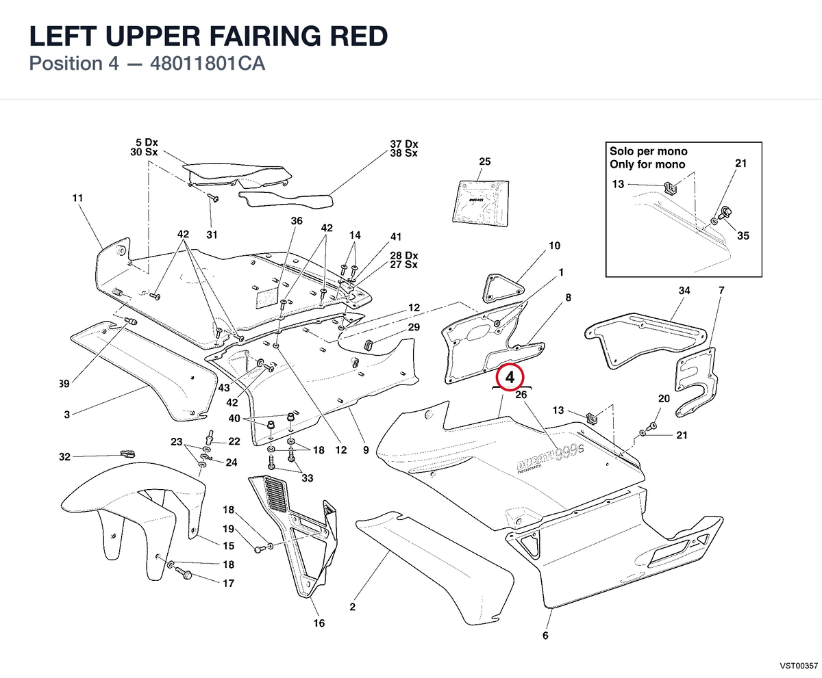 LEFT UPPER FAIRING RED 48011801CA diagram position