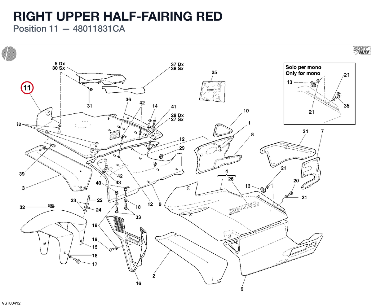RIGHT UPPER HALF-FAIRING RED 48011831CA diagram position