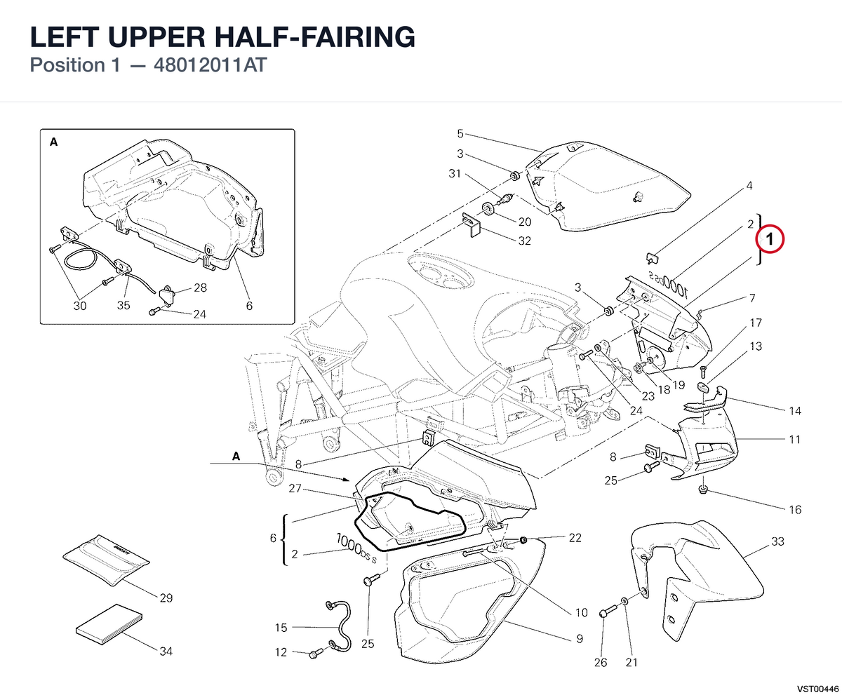 LEFT UPPER HALF-FAIRING 48012011AT diagram position