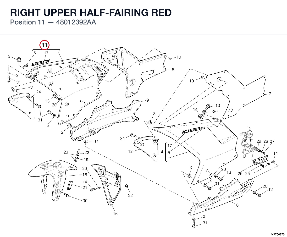 RIGHT UPPER HALF-FAIRING RED 48012392AA diagram position
