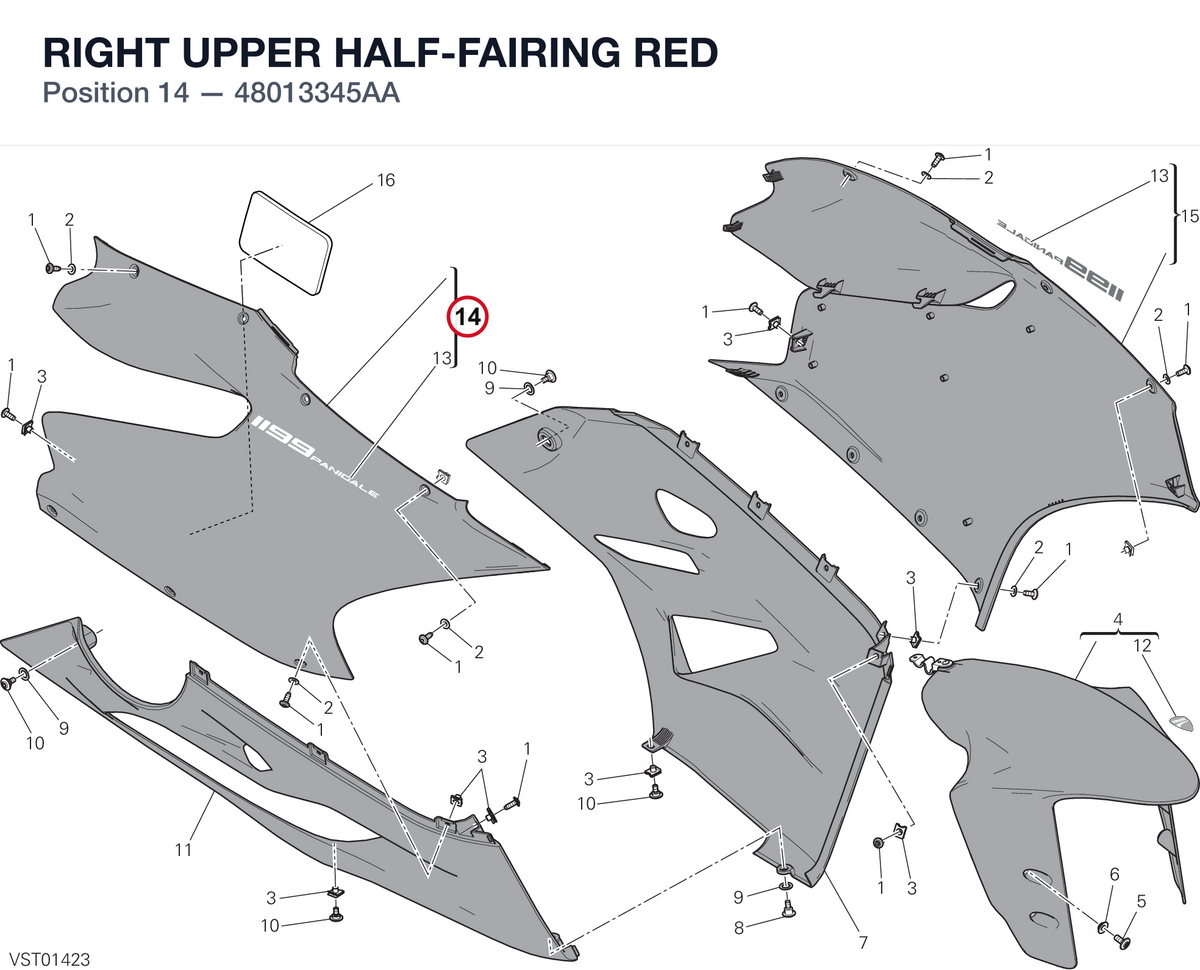 RIGHT UPPER HALF-FAIRING RED 48013345AA diagram position