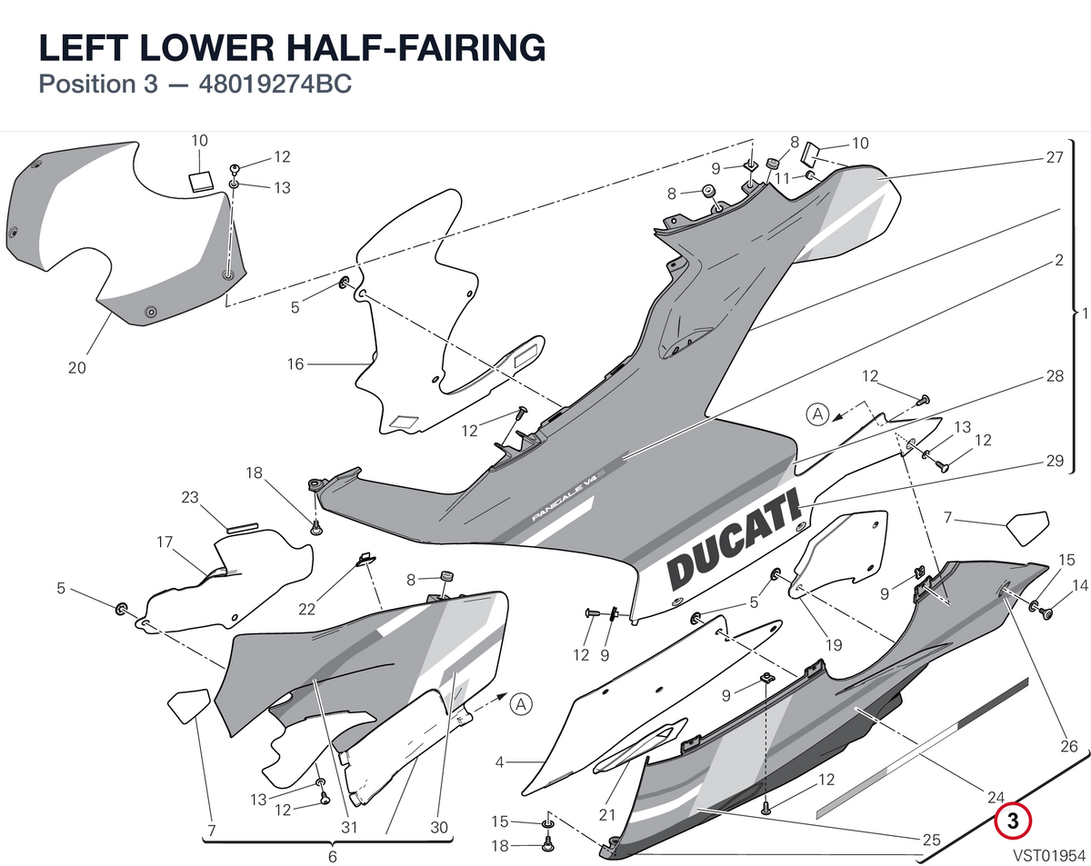 LEFT LOWER HALF-FAIRING 48019274BC diagram position