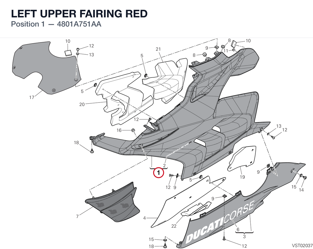 LEFT UPPER FAIRING RED 4801A751AA diagram position