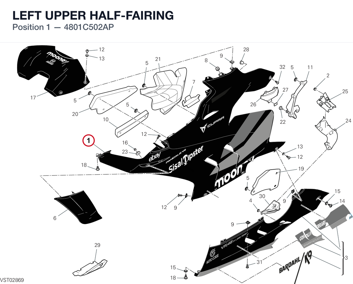 LEFT UPPER HALF-FAIRING 4801C502AP diagram position