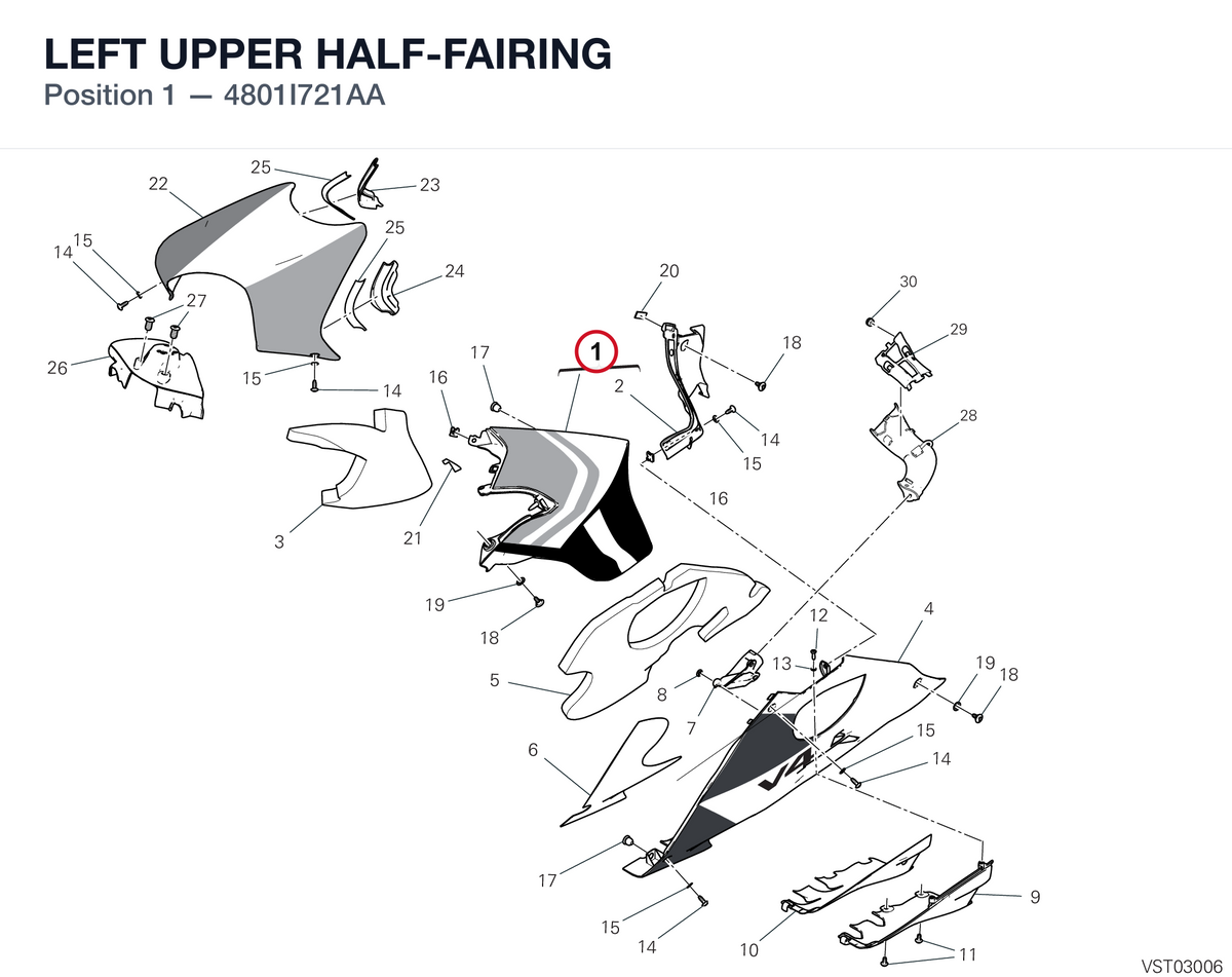 LEFT UPPER HALF-FAIRING 4801I721AA diagram position