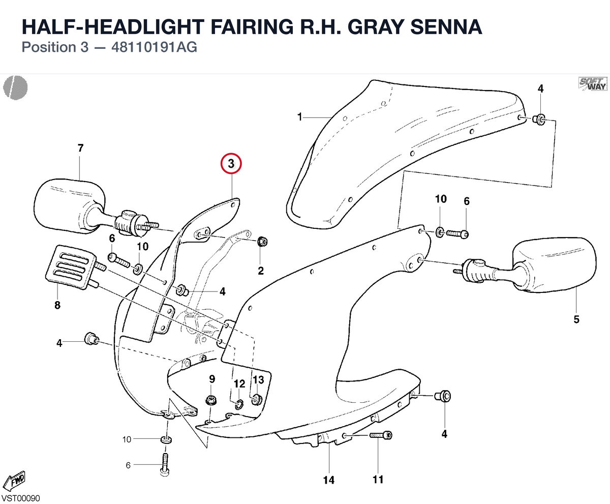 HALF-HEADLIGHT FAIRING R.H. GRAY SENNA 48110191AG diagram position