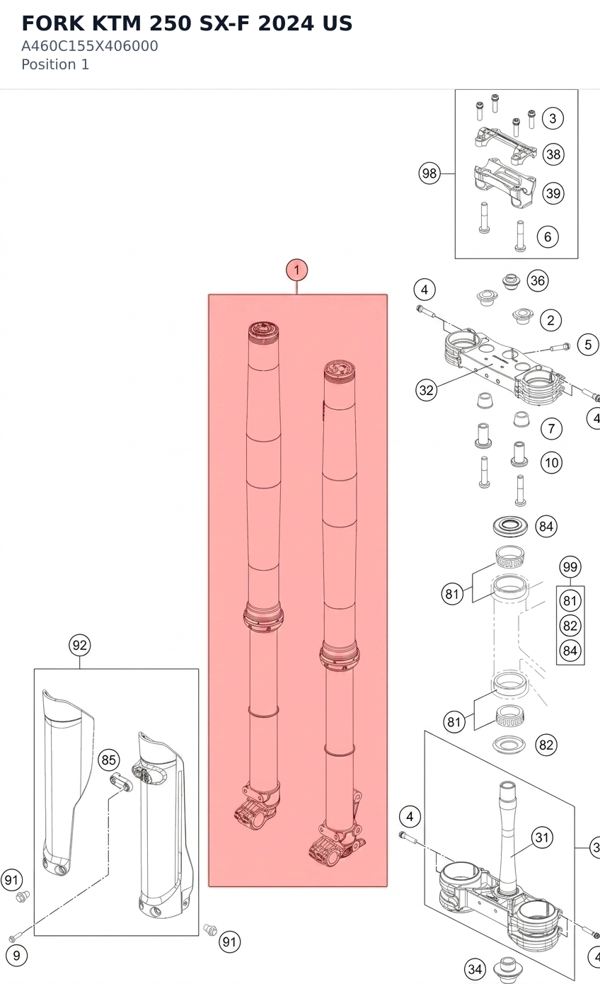 Diagram preview: FORK KTM 250 SX-F 2024 US (A460C155X406000)