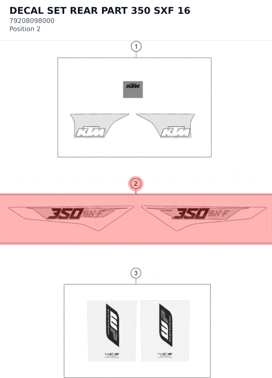 Diagram preview: DECAL SET REAR PART 350 SXF 16 (79208098000)