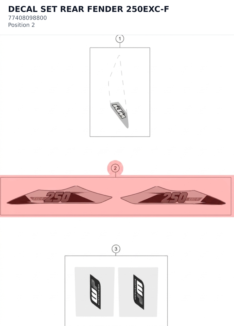 Diagram preview: DECAL SET REAR FENDER 250EXC-F (77408098800)