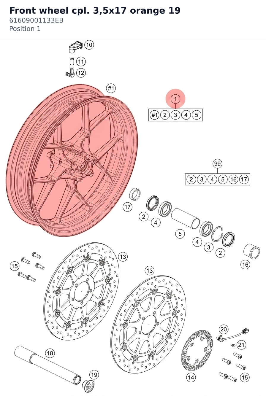 Diagram preview: Front wheel cpl. 3,5x17 orange 19 (61609001133EB)