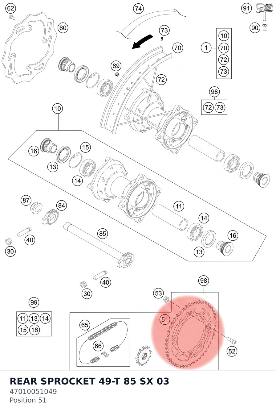 Diagram preview: REAR SPROCKET 49-T 85 SX 03 (47010051049)