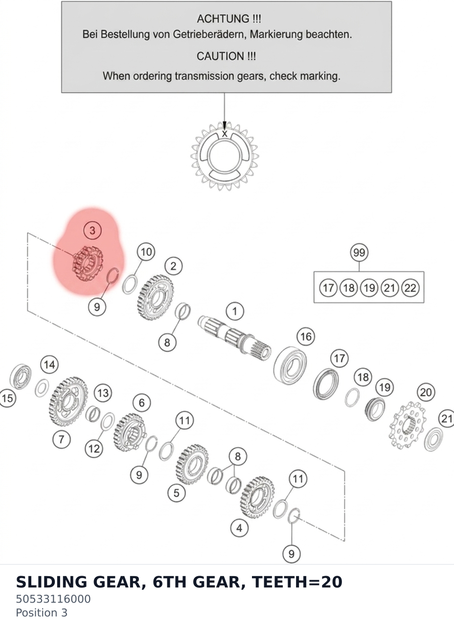 Diagram preview: SLIDING GEAR, 6TH GEAR, TEETH=20 (50533116000)
