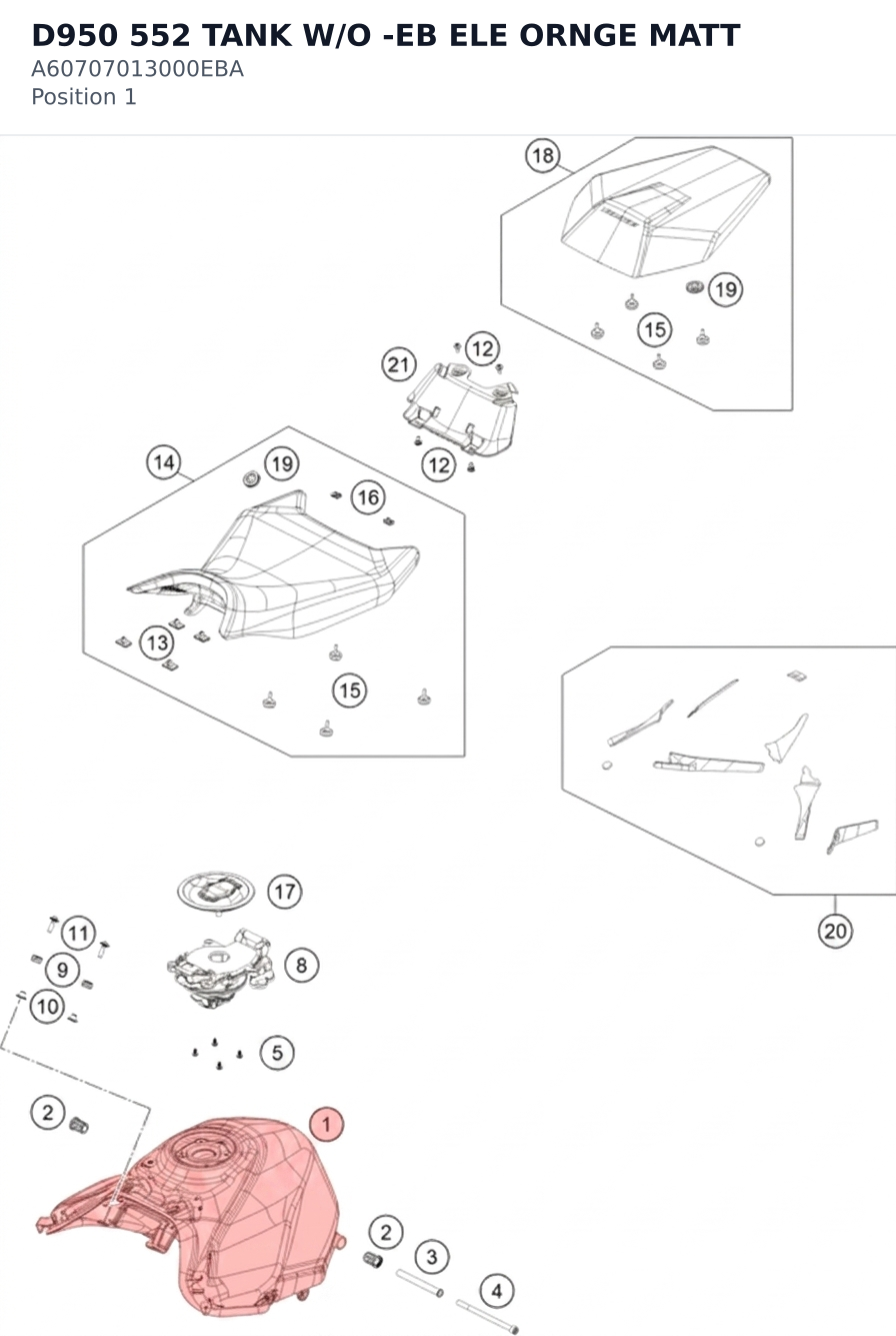 Diagram preview: D950 552 TANK W/O -EB ELE ORNGE MATT (A60707013000EBA)