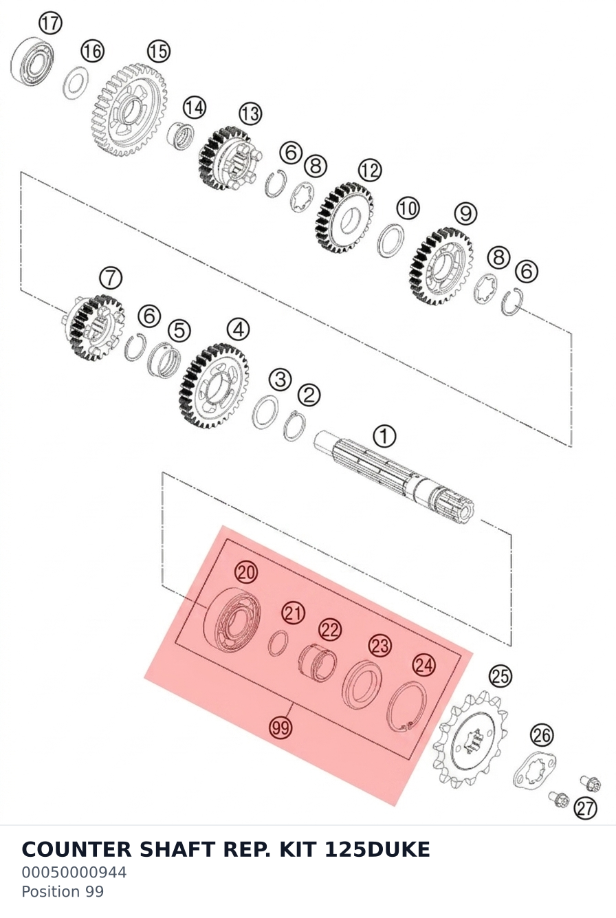 Diagram preview: COUNTER SHAFT REP. KIT 125DUKE (00050000944)