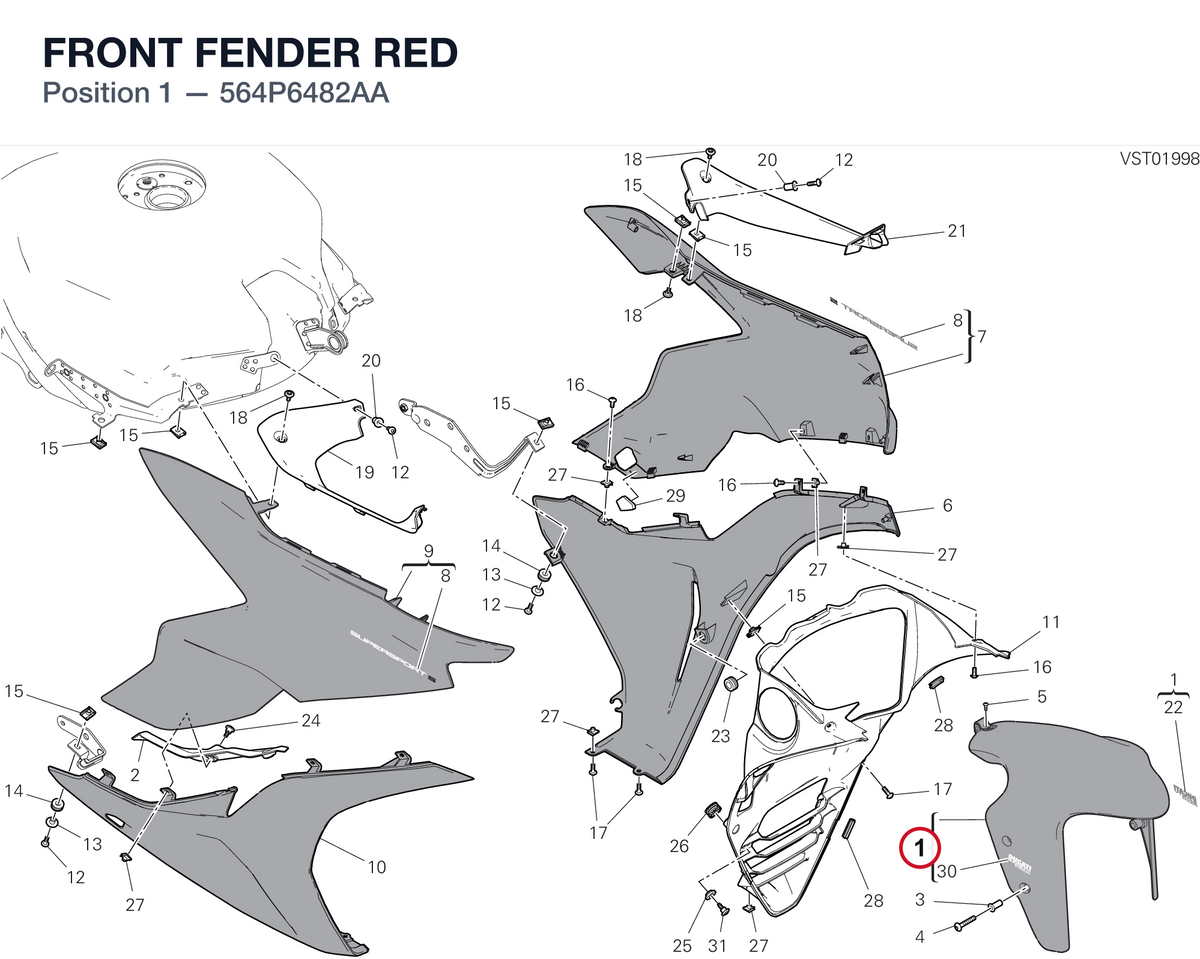 FRONT FENDER RED 564P6482AA diagram position