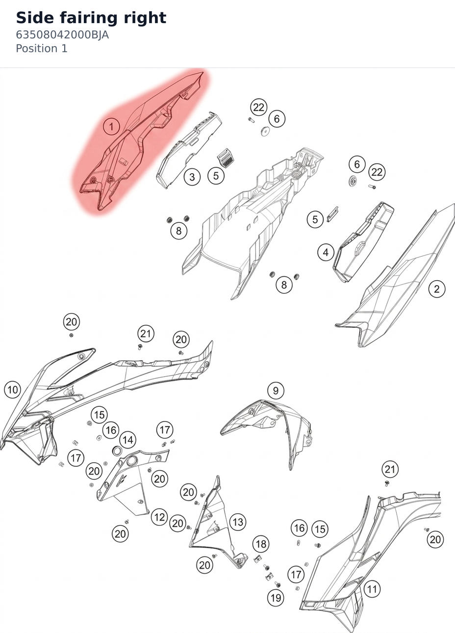 Diagram preview: Side fairing right (63508042000BJA)