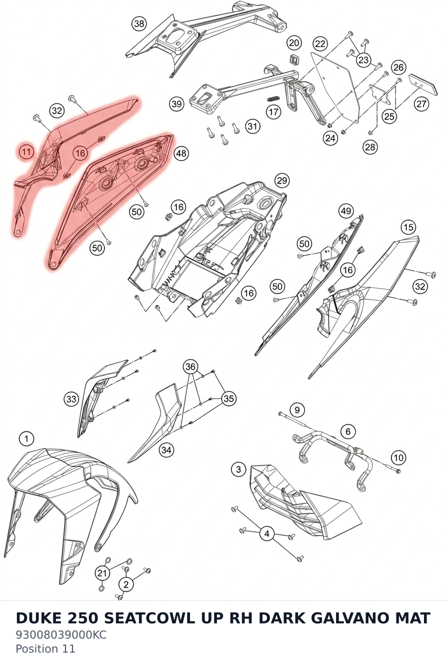 Diagram preview: DUKE 250 SEATCOWL UP RH DARK GALVANO MAT (93008039000KC)