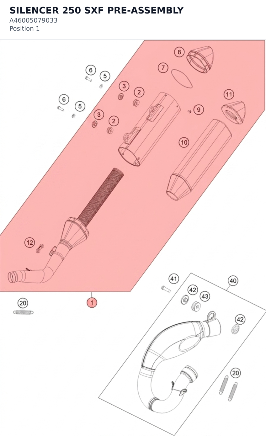 Diagram preview: SILENCER 250 SXF PRE-ASSEMBLY (A46005079033)