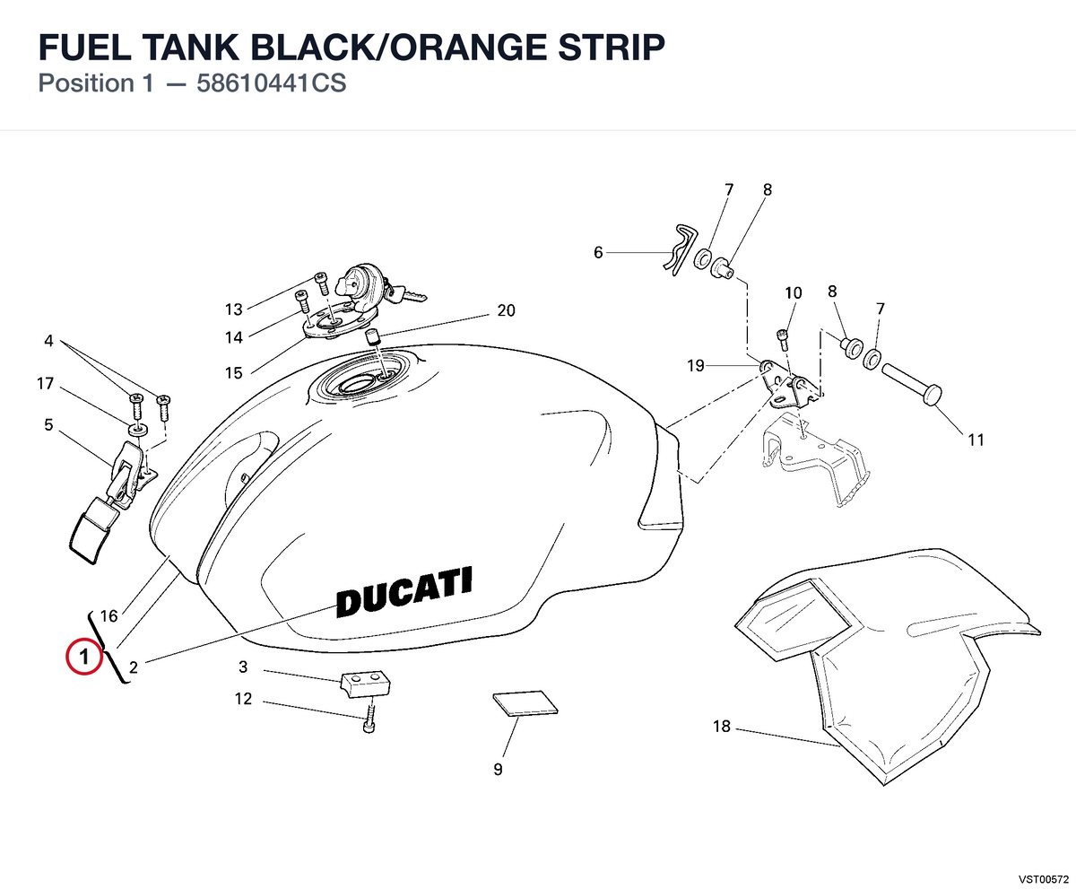 FUEL TANK BLACK/ORANGE STRIP 58610441CS diagram position