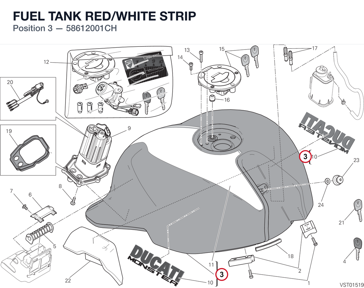 FUEL TANK RED/WHITE STRIP 58612001CH diagram position