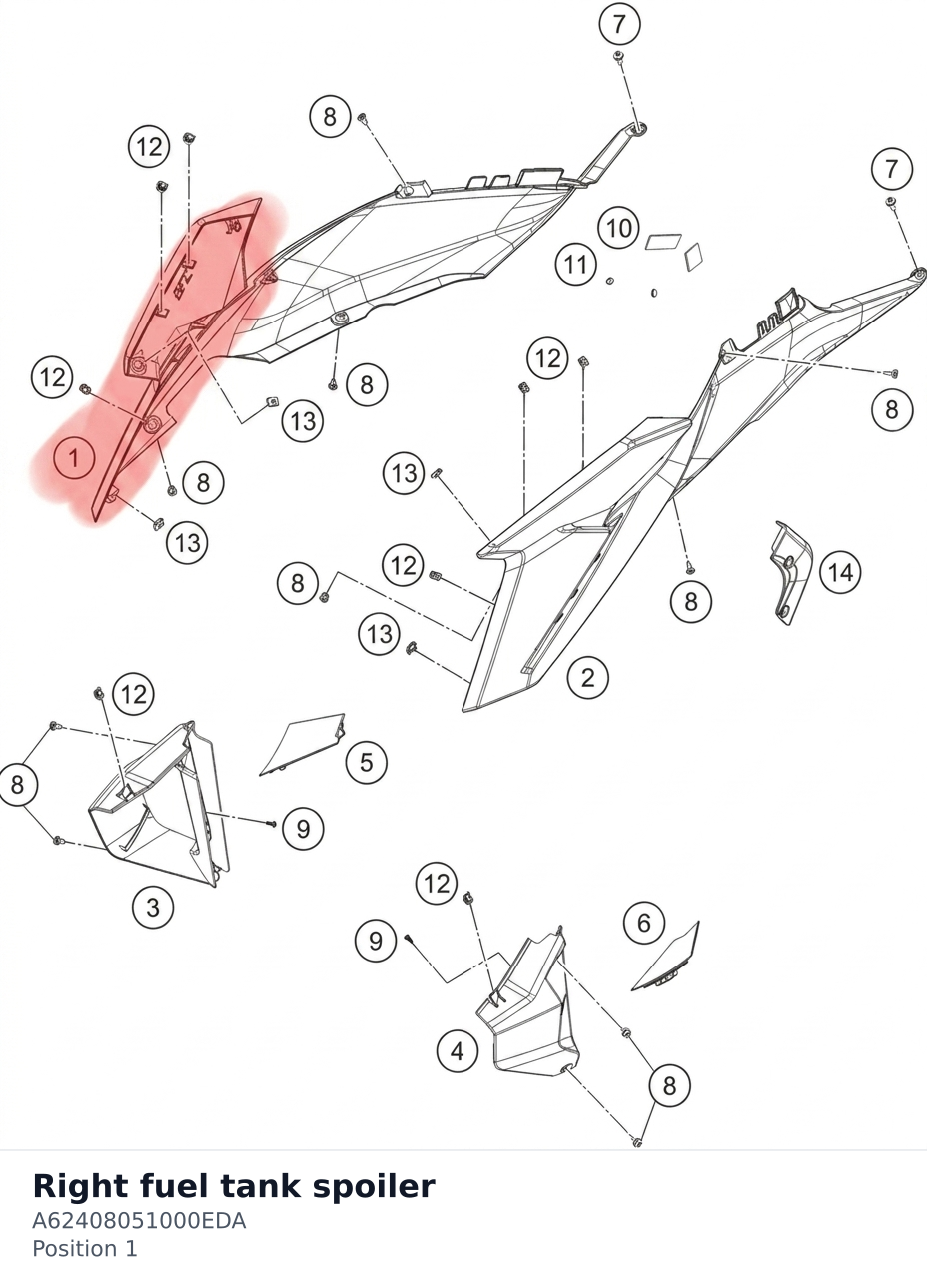 Diagram preview: Right fuel tank spoiler (A62408051000EDA)
