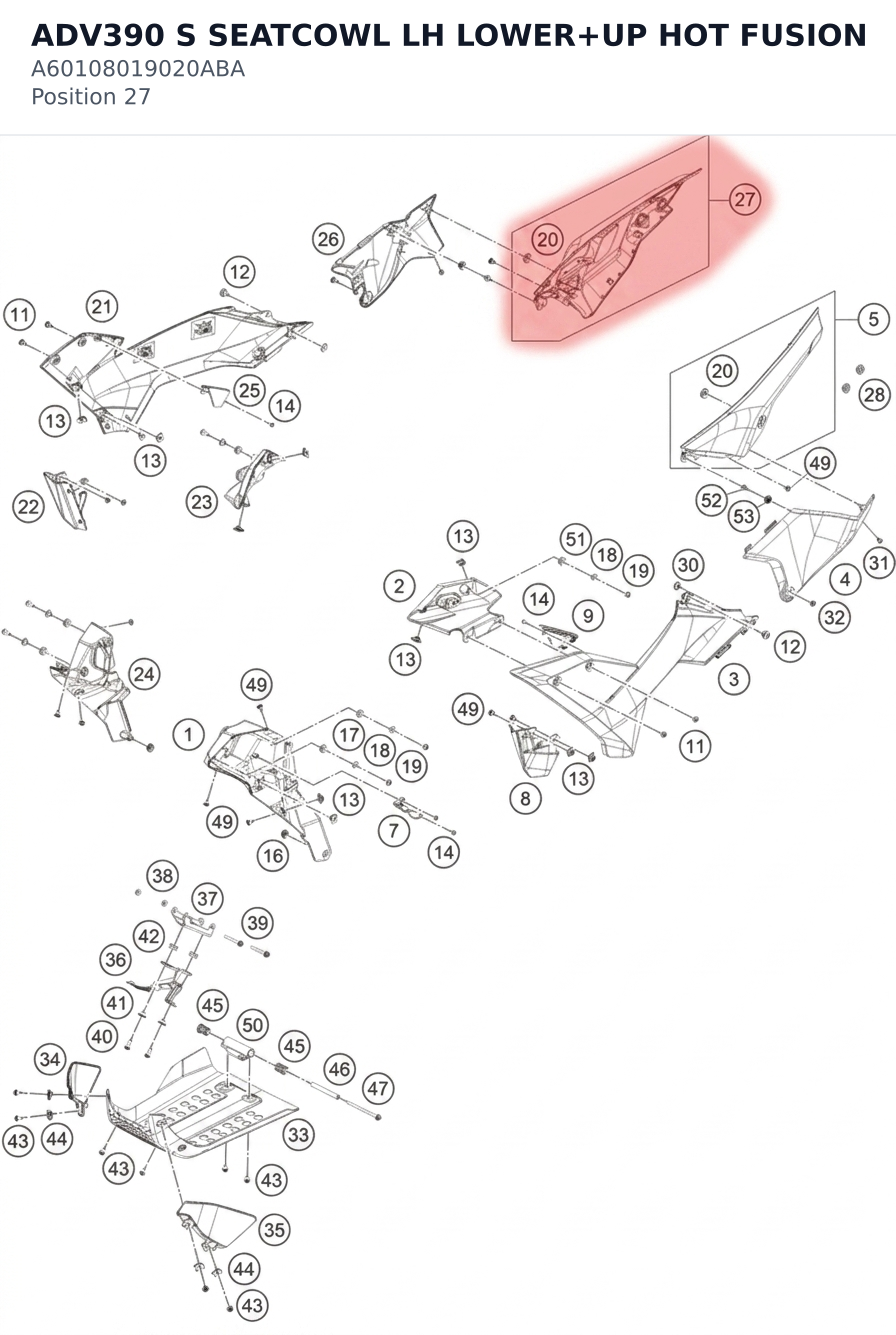 Diagram preview: ADV390 S SEATCOWL LH LOWER+UP HOT FUSION (A60108019020ABA)