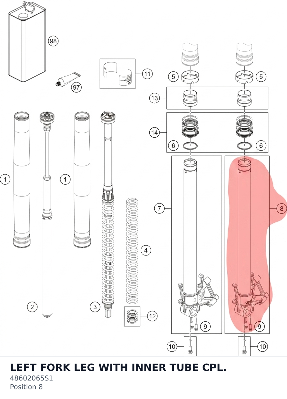 Diagram preview: LEFT FORK LEG WITH INNER TUBE CPL. (48602065S1)
