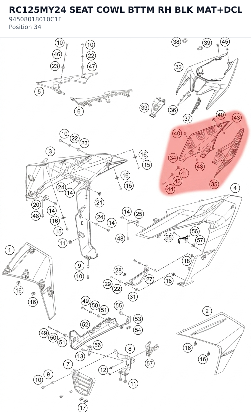 Diagram preview: RC125MY24 SEAT COWL BTTM RH BLK MAT+DCL (94508018010C1F)