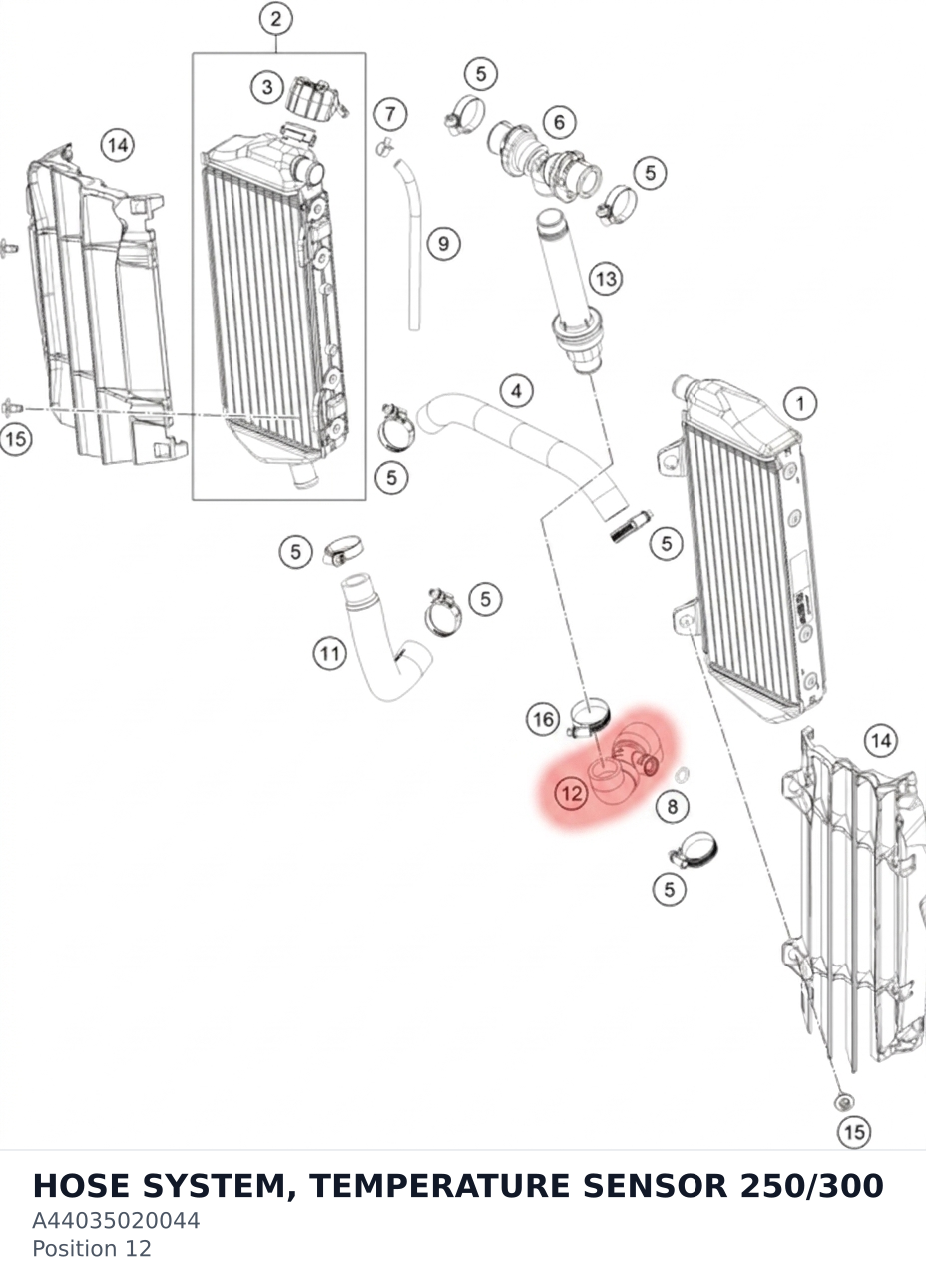 Diagram preview: HOSE SYSTEM, TEMPERATURE SENSOR 250/300 (A44035020044)