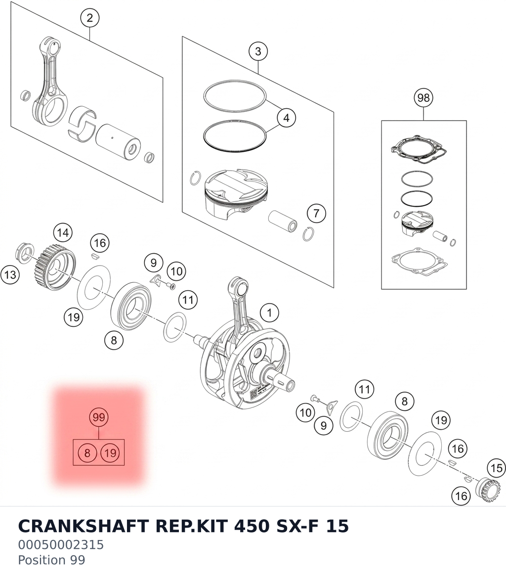 Diagram preview: CRANKSHAFT REP.KIT 450 SX-F 15 (00050002315)