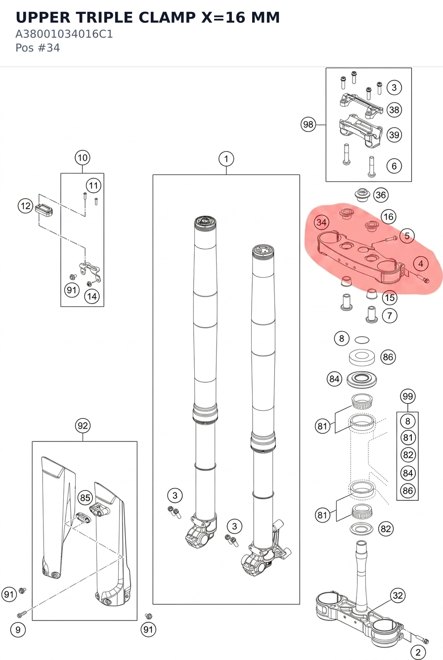 Diagram preview: UPPER TRIPLE CLAMP X=16 MM (A38001034016C1)