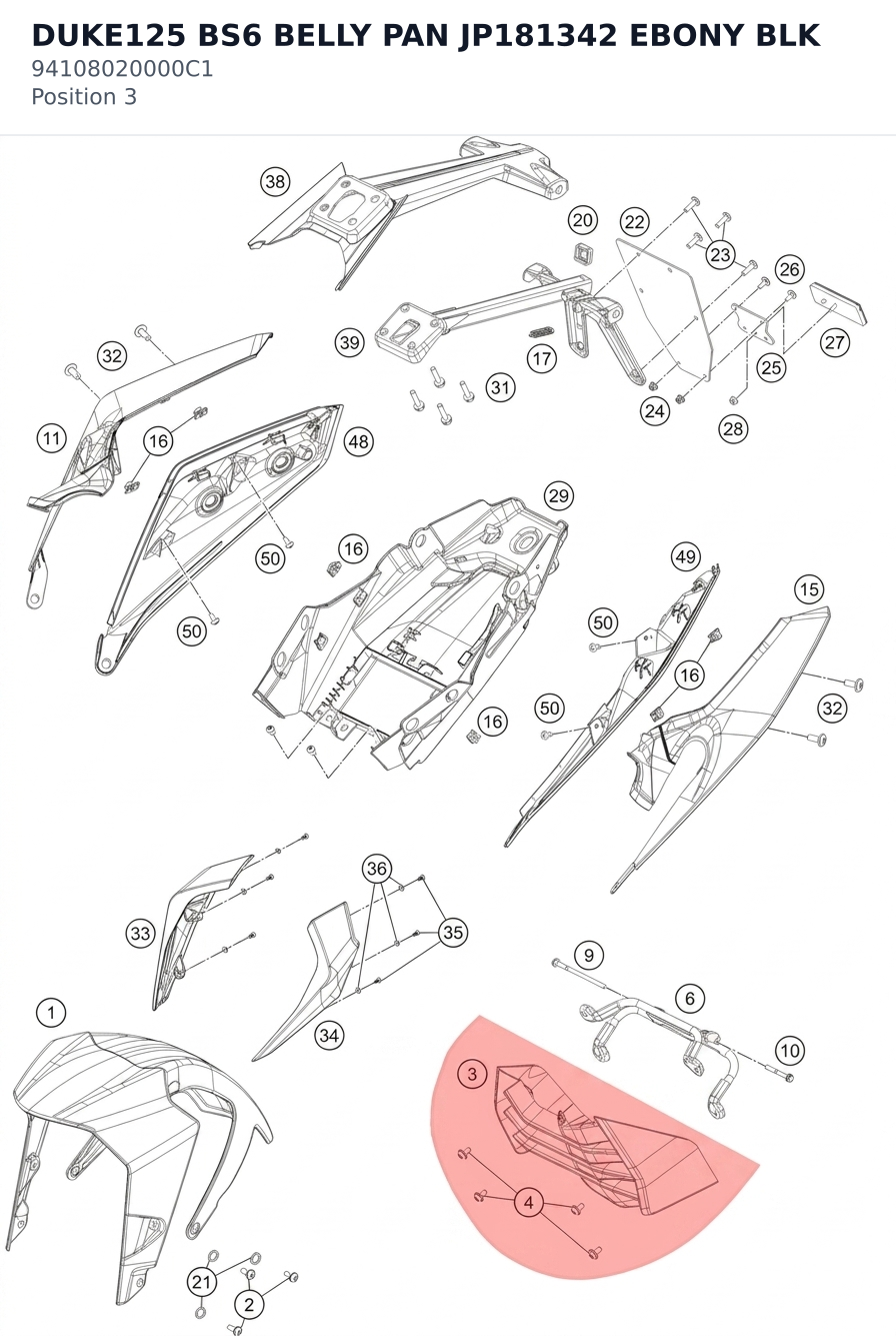 Diagram preview: DUKE125 BS6 BELLY PAN JP181342 EBONY BLK (94108020000C1)