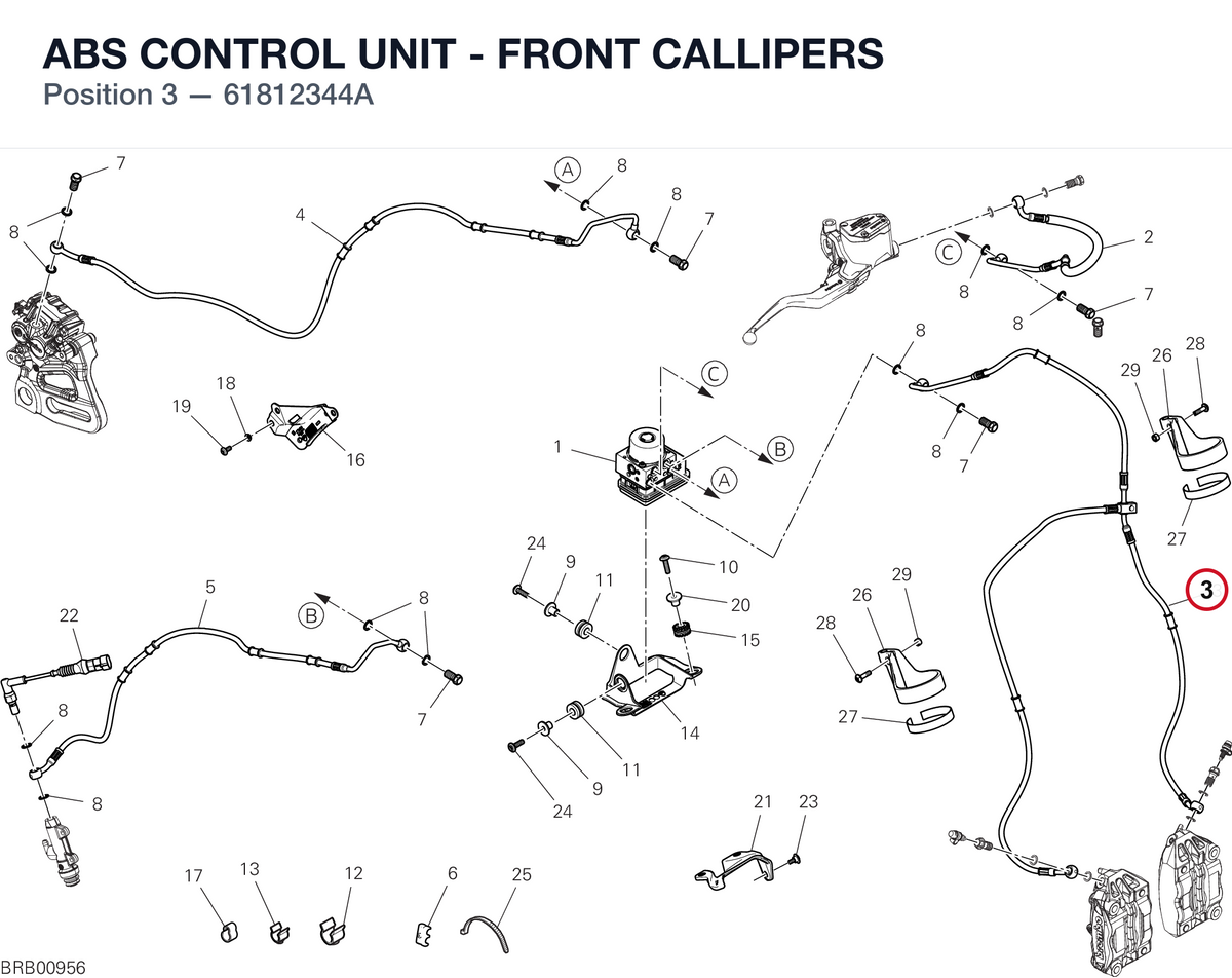 ABS CONTROL UNIT - FRONT CALLIPERS 61812344A diagram position